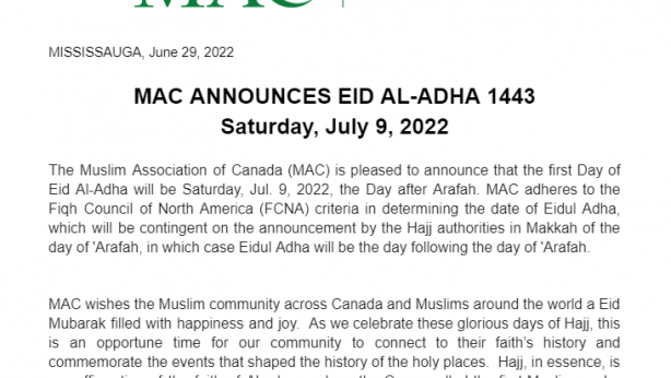 MAC ANNONCE L'AÏD AL-ADHA 1443 samedi 9 juillet 2022