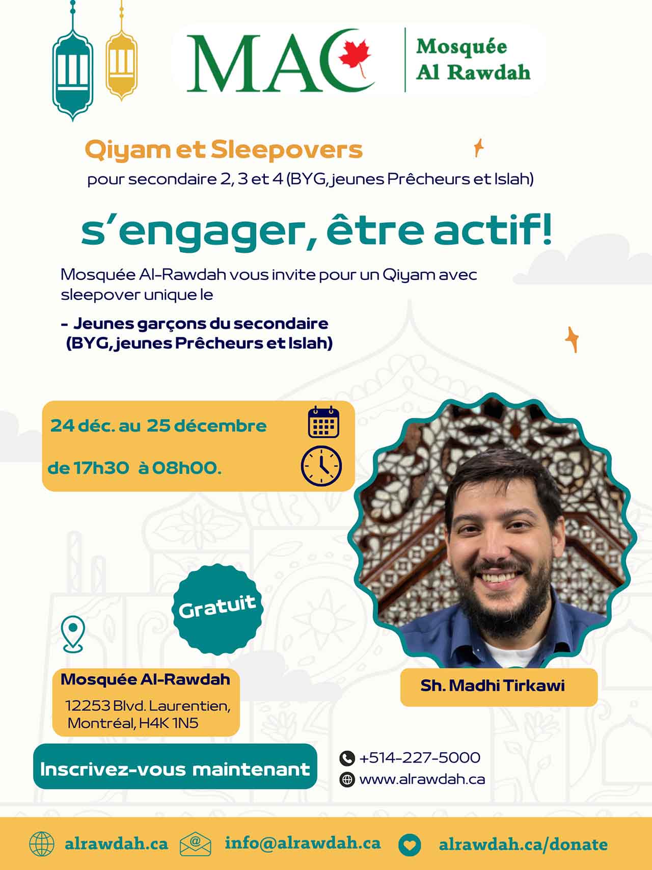 Qiyam et Sleepovers pour secondaire 2, 3 et 4 (BYG, jeunes Prêcheurs et Islah)