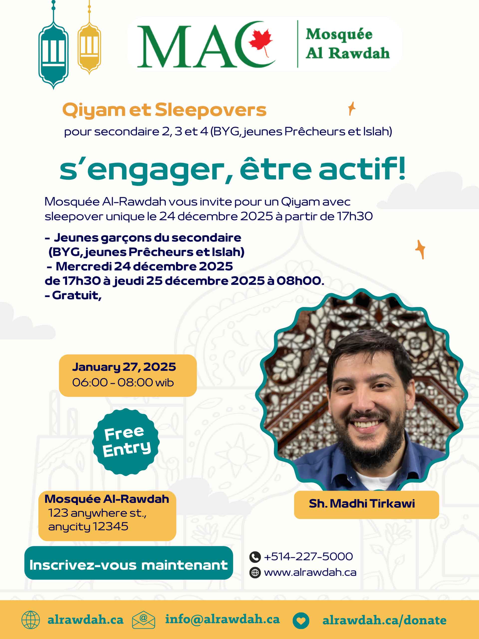 Qiyam et Sleepovers pour secondaire 2, 3 et 4 (BYG, jeunes Prêcheurs et Islah)