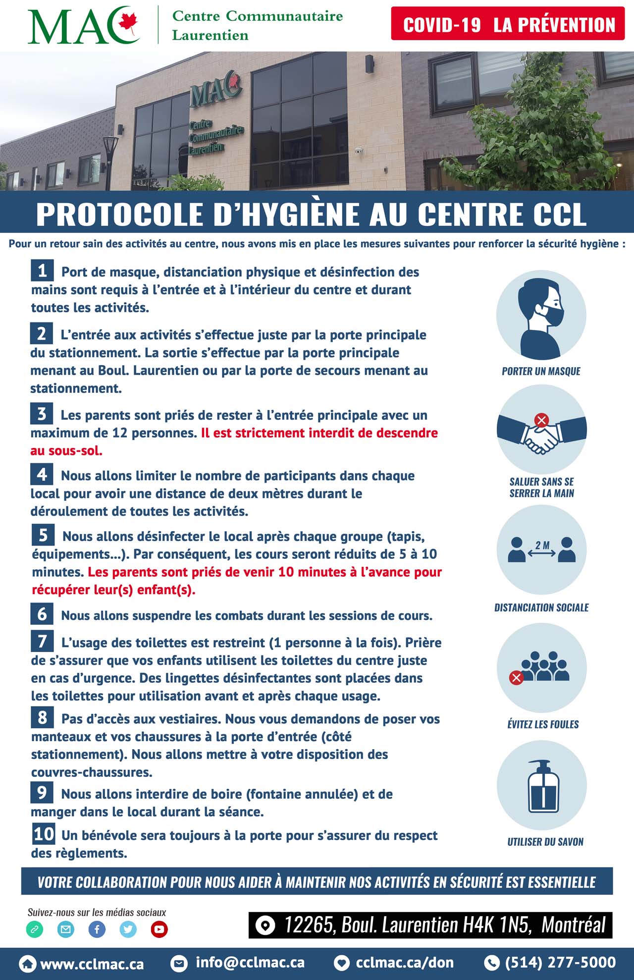 Protocole d’hygiène au Centre Communautaire Laurentien