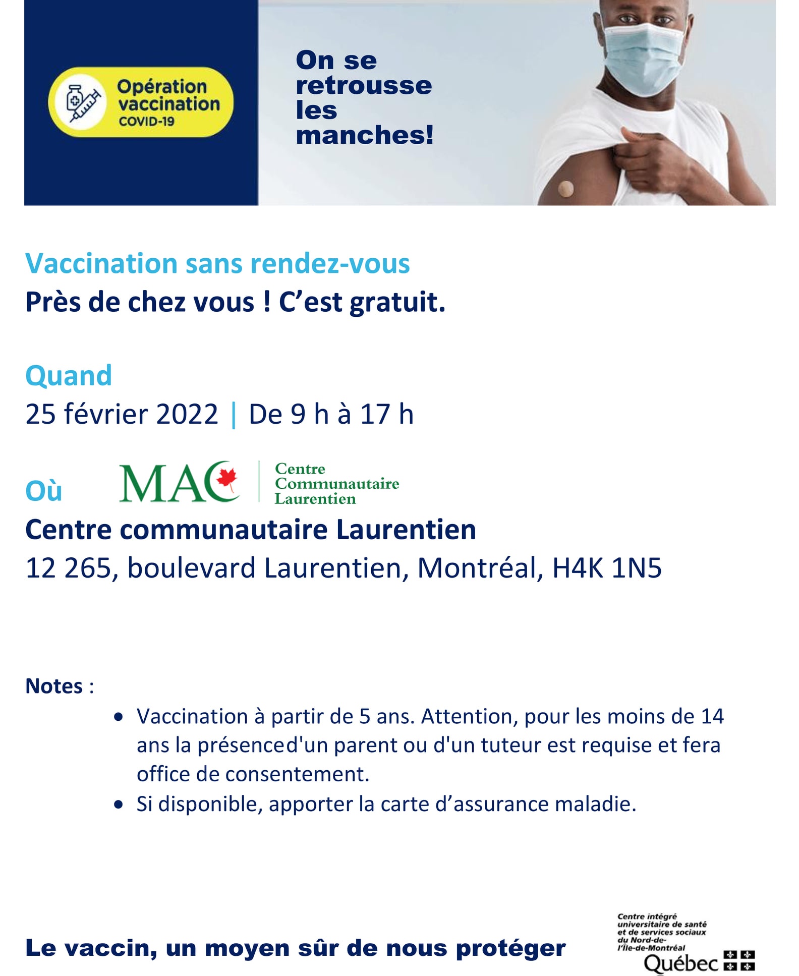 Vaccination sans rendez-vous Près de chez vous ! au (MAC – CCL)