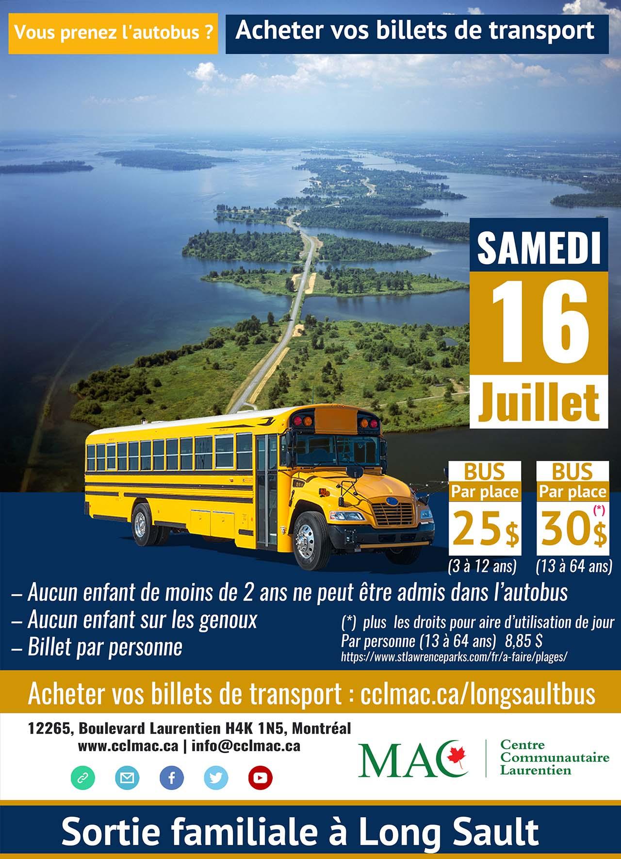 Billet de bus sortie familiale à Long Sault - شراء تذار الحافلة-رحـلـة عائلية إلى