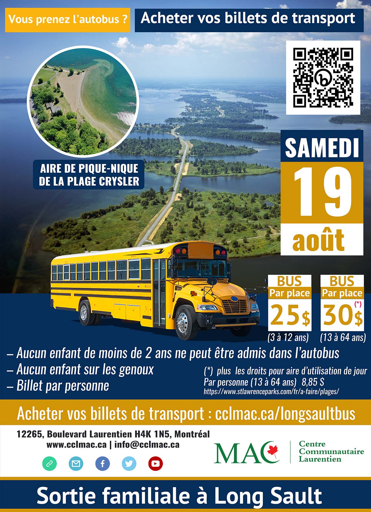 Billet de bus sortie familiale à Long Sault - شراء تذار الحافلة-رحـلـة عائلية إلى